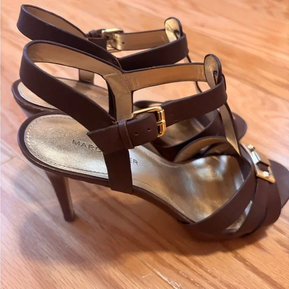 Marc Fisher Leather T-Strap Adj Buckle Platform Heels Brown 9M MFVARIKA2 - Picture 5 of 6